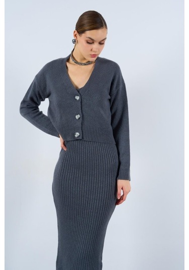 Fitilli Elbise Hırkalı Takım - Füme Çok Renkli