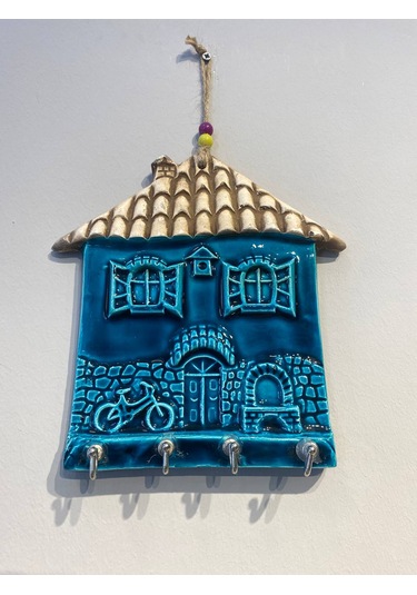 El Yapımı Nazar Boncuğu, Duvar Dekorasyon Ürünü, Seramik, El İşçiliği, Turkuaz Renkte Ev Desenli Anahtarlık -