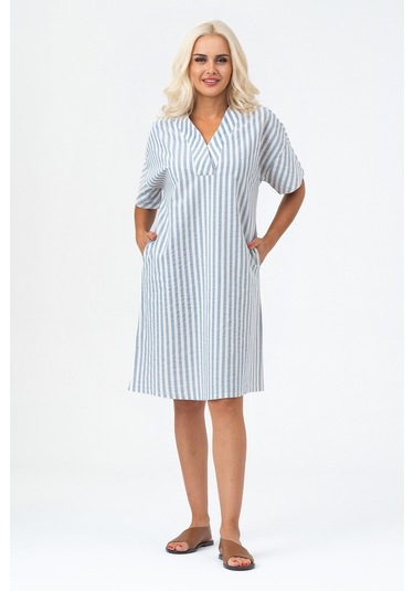 Bold & Young Kadın Cepli V Yakalı Kısa Kollu Pamuklu Elbise Ekru