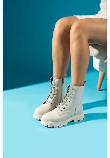 Shoetek Ahuela Kadın Bot&bootie Taş Bağcıklı Postal Bej Deri Bej Cilt