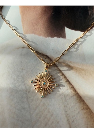 Firüze Taşlı Güneş Kararmaz Çelik Kadın Gold Kolye Modern Ve Şı Altın