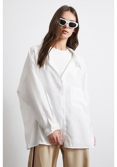 Oversize Cepli Modal Gömlek Beyaz Beyaz