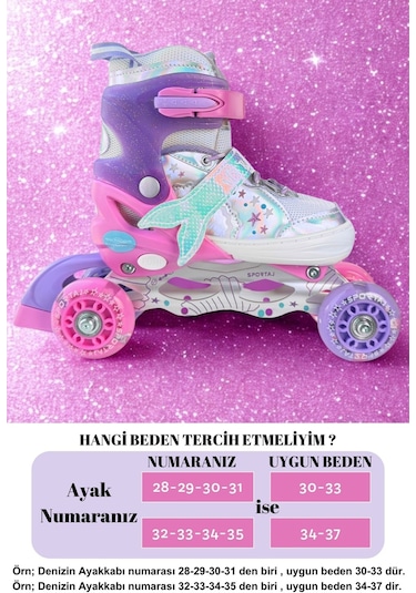 Deniz Kızı Işıklı Kız Çocuk Pateni Silikon Teker Ayarlanabilir Paten Taşıma Çantalı Pembe Lila Pembe