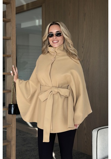 Camel Düğmeli Kuşaklı Kaşe Panço - 2055 Camel