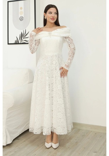 Aşkın Büyüsü Dantel Abiye Elbise 6055-beyaz Beyaz