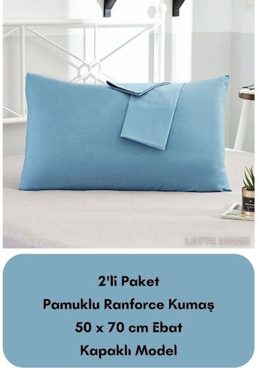 Mavi Renkli Ranforce Pamuklu Kumaş Kapaklı Yastık Kılıfı 2'li Pak