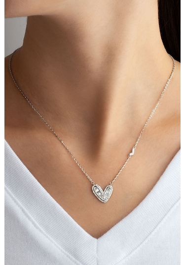 Love 18 Ayar Beyaz Altın Kaplama 45 Cm Gümüş Kalp Kolye