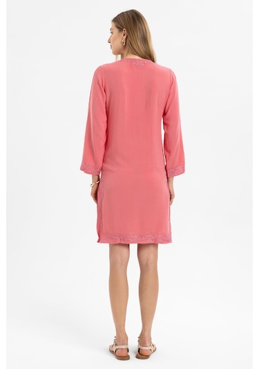 Pembe İşlemeli Uzun Kollu Astarsız Pamuklu Kısa Elbise-pembe