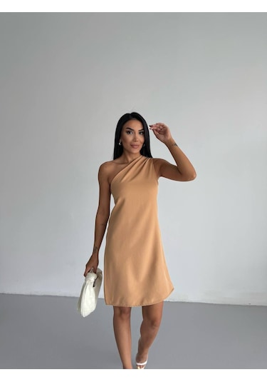 Trendhazan A Kalite Tek Omuz Double Kumaş Mini Elbise Vizon