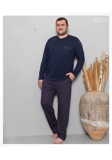 Pijamoni Erkek Battal Düğme Yaka Penye Uzun Kol Pijama Takımı 6720/8 - 1 Adet Lacivert