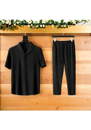 Unisex Kadın/erkek Özel Bürümcük Krinkıl Kumaş Yazlık Likralı Kısa Kol Tişört Eşofman Elbise Takım Siyah - Siyah