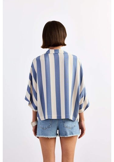 Defacto Oversize Geniş Kalıp Çizgili Kısa Kollu Gömlek G1324ax25smbe472 Mavi