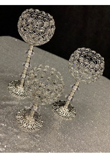 Kristal Taşlı Ayaklı Gümüş Şamdan 3'lü Set Gold