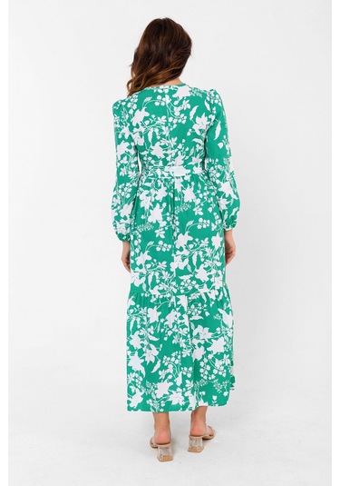 Yaprak Desenli Renkli Pamuklu Yazlık Baharlık Kuşaklı Elbise 2101 Yeşil