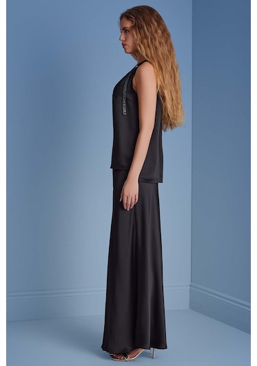 Evaze Siyah Saten Etek Siyah