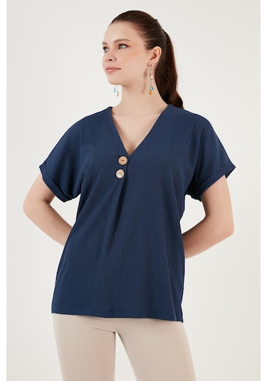 Lela Düğme Detaylı V Yaka Bayan Bluz 5865567 Indigo