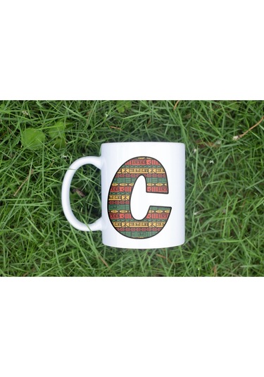 C Harfi Etnik Desenli Kupa - Afrika Tarzı Kahve Çay Kupası - Hediyelik - Black History Beyaz