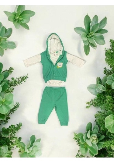 Erkek Bebek Üçlü Ayıcık Detaylı Yelekli Takım-15294 Yesil
