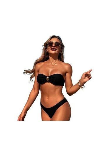 Yingfu 2 Adet Kadın Mayo Seti Bandeau Dolgulu Telsiz Sütyen Yüksek Bel Yüzme Siyah Siyah