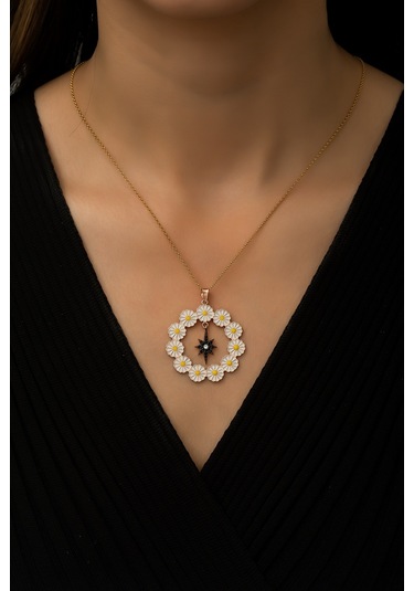 Papatya Silver Papatya Çemberi Siyah Kutup Yıldızı Sallantılı Gümüş Kolye UVPS100513