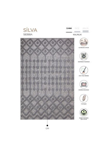 Silva Gri Halı Yıkanabilir Halı Balkon Halısı Oturma Odası Korido Gri
