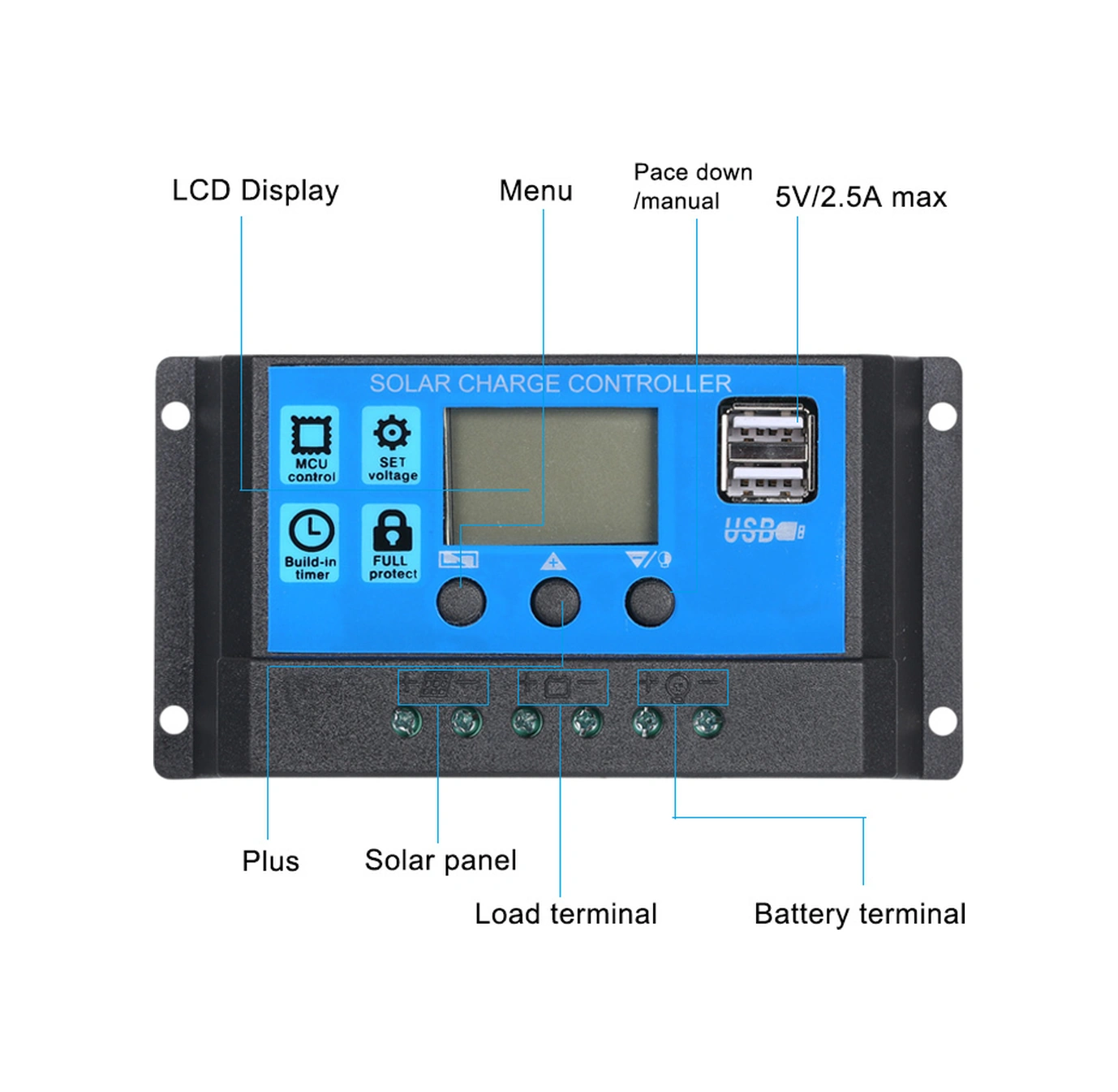 Youmex 50a 12v/24v Otomatik Uyumlu Güneş Enerji Kontrolörü, 5v 2.5a Usb Çıkışı, Mavi Abs Akü Şarj Cihazı