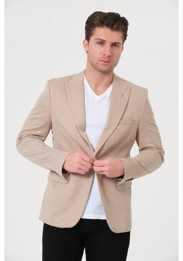 Bonesti Erkek Slim Fit Blazer Ceket Krem Kırçıllı