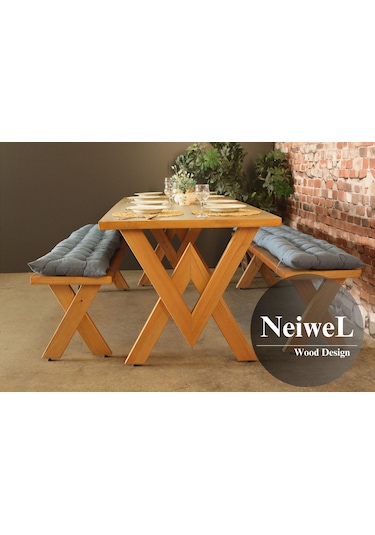 Neiwel Vera Doğal Ahşap Banklı Yemek Masası Takımı-100-300 Takım Açık Ceviz