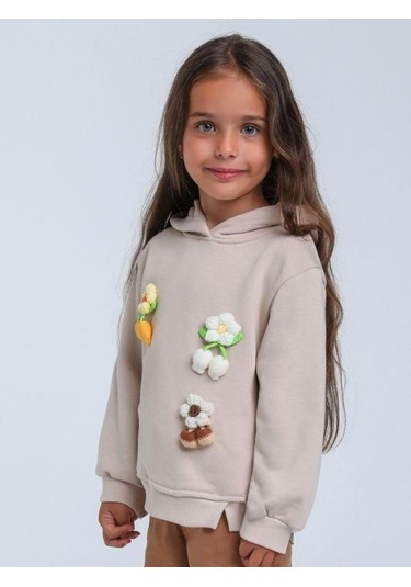 Kız Çocuk Çiçek Örgü Detaylı Kapüşonlu Sweatshirt-14306 Bej