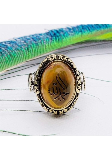 Vog Elhamdülillah Yazılı Tuğralı Sıkma Kehribar Taşlı 925 Ayar Gümüş Erkek Yüzük