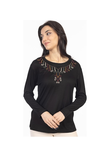 Yeni Model 2024 Nakış İşlemeli Yuvarlak Yaka Likralı Anne Penye Bluz 6450-siyah