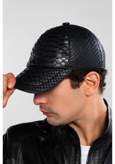 Tamer Tanca Erkek Hakiki Deri Siyah Yılan Baskı Şapka 524 Yln Sapka Sk20-21 Syh Yln Baskı Siyah