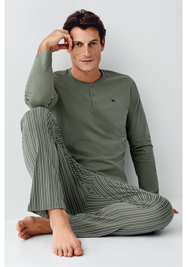 Arnetta 3013 Pamuk Uzun Kol Erkek Pijama Takımı V2 Yeşil