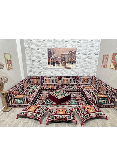 Coton Şark Köşesi Bordo Milas Desenli Minder Takımı