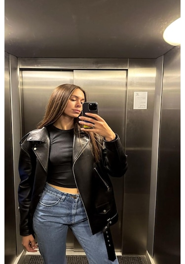 Prifaldi Yeni Sezon Oversize Uzun Kadın Siyah Deri Ceket Siyah