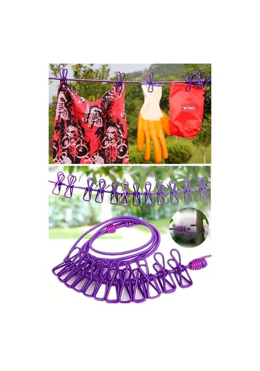 Zmc Bilişim Taşınabilir Seyahat Çamaşır İpi 12 Mandallı Klipsli Lastikli Çamaşır Mandalları Çok Renkli