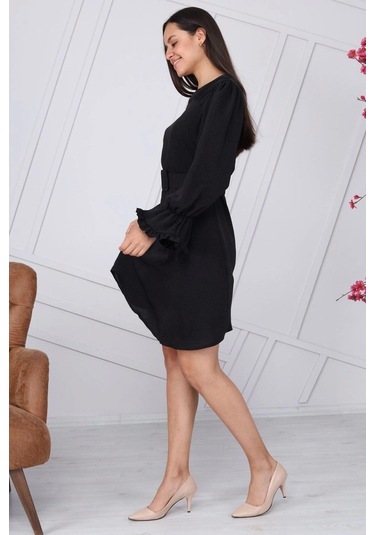 Apsen Kadın Siyah Kemer Detaylı Volan Kol Midi Elbise 4078-100 Siyah