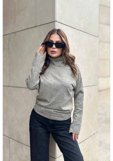 Kadın Bej Kendinden Desenli, Yumoş Kumaş, Uzun Kol, Düğme Detaylı, Boğazlı Bluz Bej