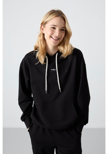 Tommy Life Siyah Kapüşonlu Kanguru Cep Oversize Lastik Paça Kadın Eşofman Takımı - 95288 Siyah