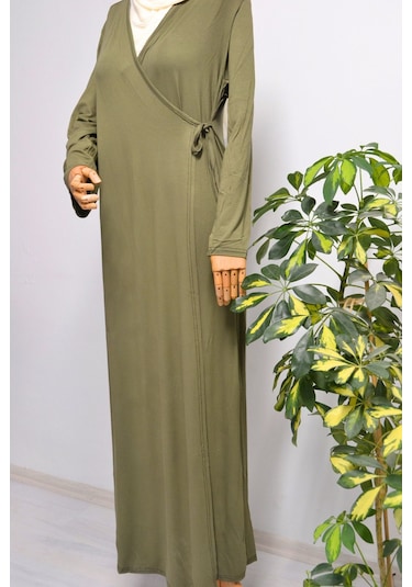 Kadın Yandan Bağlamalı Pamuklu Penye Namaz Elbisesi 38-48 Beden Yeşil