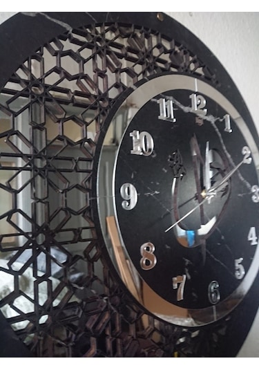 Duvar Saati 50 Cm Ahşap Ayna Elif Vav Motifli Gümüş - Siyah