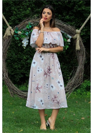 Neşeli Butik Kadın Yeni Sezon Bağlama Detaylı Madonna Yaka Şifon Elbise Nb100371 Bej