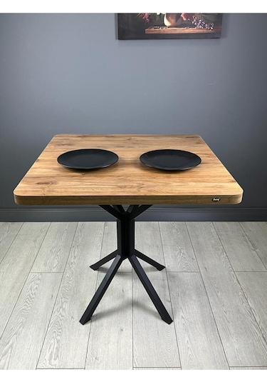 Roma Ceviz Mutfak Yemek Masası Balkon Masası Kavisli Köşe Metal Siyah Ayak 80 Cm