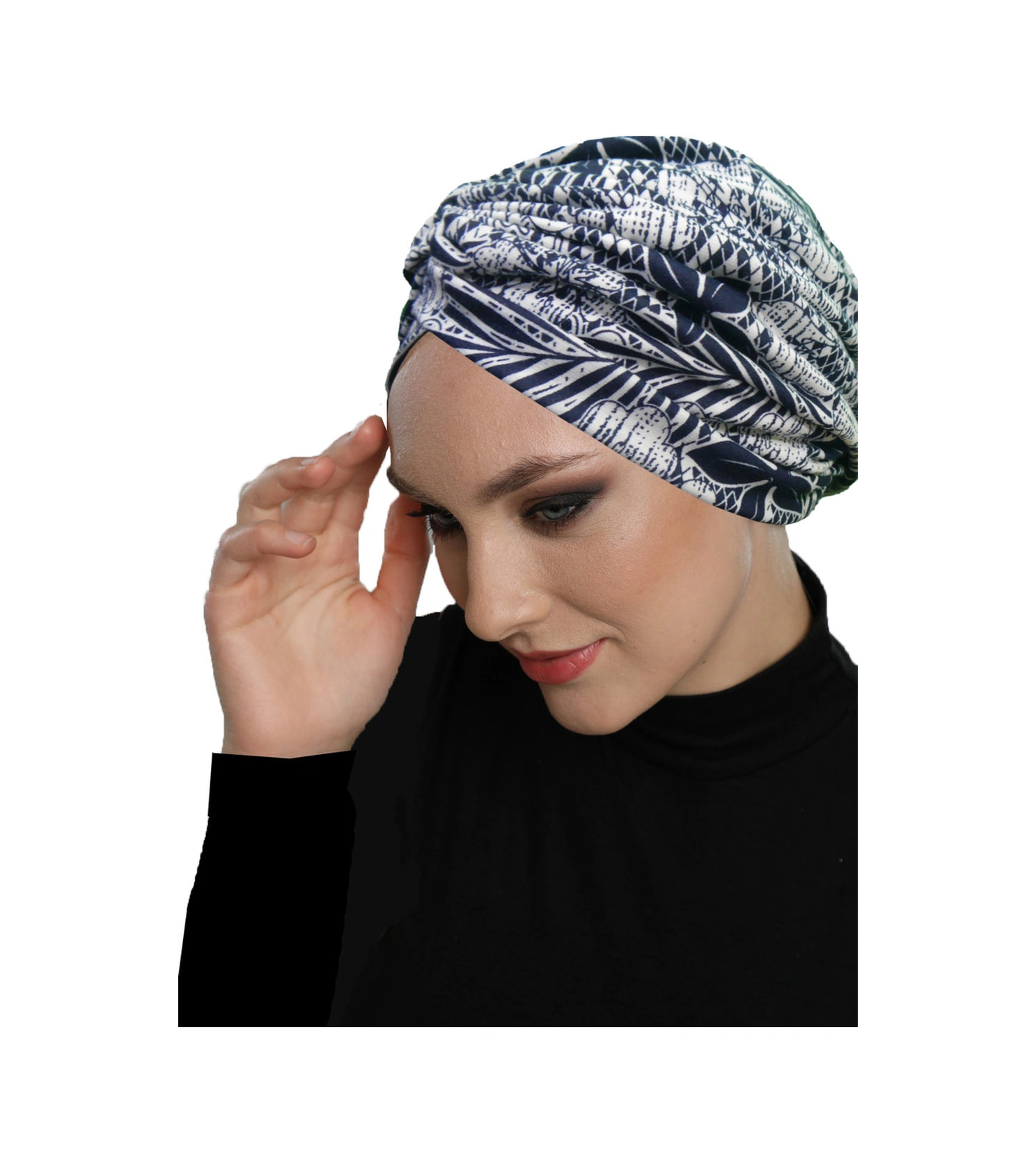 Ayışığı Çiçekleri Desenli Çapraz Ve Bant Detaylı Astarlı Hazır Türban Tesettür Havuz Bonesi Lacivert-beyaz