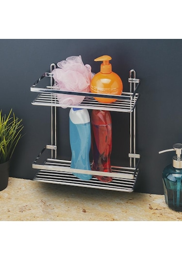 Banyo Köşe Duvar Rafı Şampuanlık 2 Katlı Gümüş