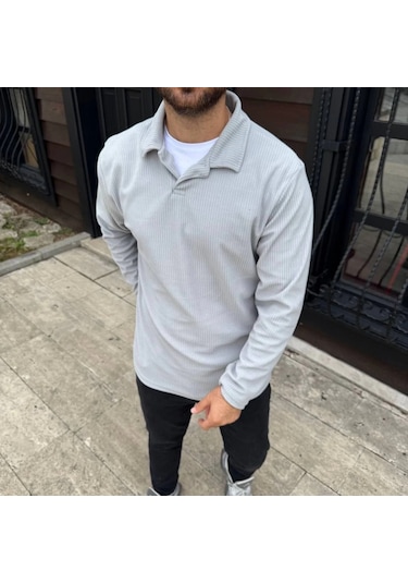 Erkek Fitilli Polar Sweatshirt Düğmesiz Polo Yaka, Oversize Rahat Kalıp, Kalın Polar Kumaş, Kışlık Gri