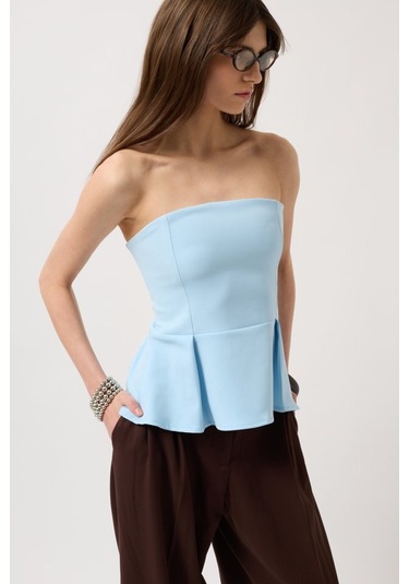 Pileli Straplez Bluz Antrasit Melanj