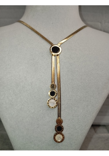 Siyah-beyaz Mineli Gold Renk Kolye Gold