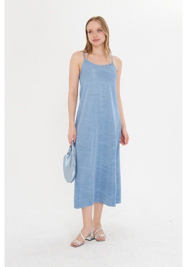 Gülkurusu Kadın Askılı Piliseli Elbise Mavi
