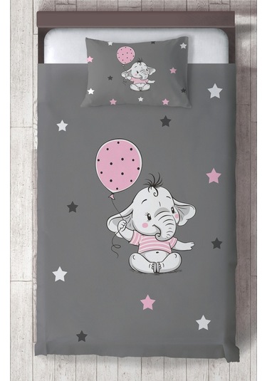 Mekta Home Bebek Ve Çocuk Odası Pembe Filli Balonlu Desenli Yatak Örtüsü Renkli